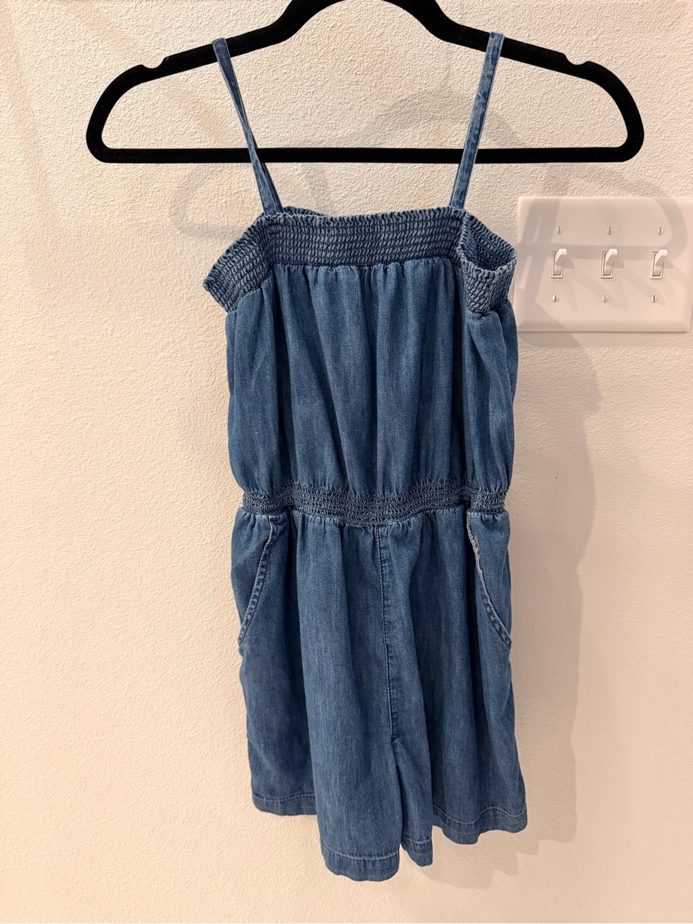 GAP Kids Denim Smocked Strap Romper in Classic Blue Chambray Girls Large